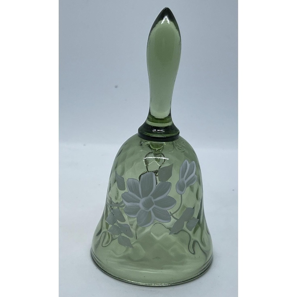 FENTON GREEN HAND PAINTED, SIGNED, SAGE GREEN DIAMOND OPTIC BELL VINTAGE